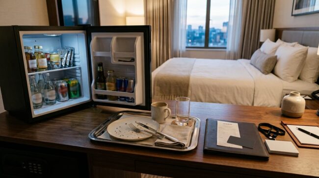 Minibar abierto en una habitación de hotel junto a una bandeja, recibo y tarjeta