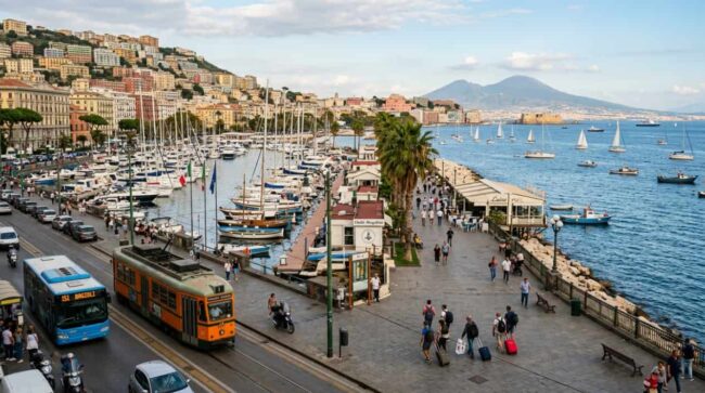 Dónde alojarse y moverse en Nápoles para la America’s Cup 2027 Paseo marítimo de Nápoles con puerto deportivo, veleros y el Vesubio al fondo