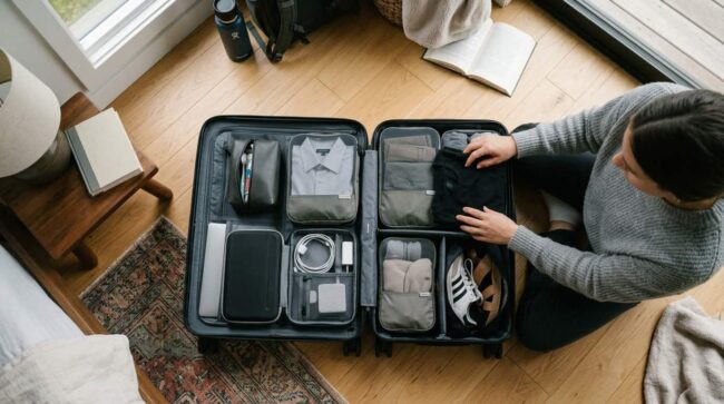 Cómo organizar el equipaje para un viaje de 7 días Persona organiza una maleta con ropa, neceser, cargadores y calzado para un viaje de 7 días