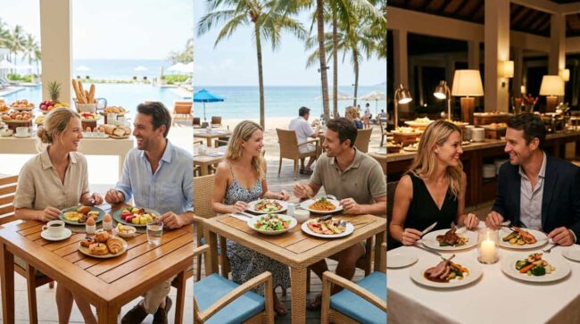 Pareja disfruta desayuno, almuerzo y cena en un hotel como ejemplo de pensión completa