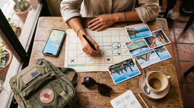Viajera planifica escapadas en un calendario junto a un mapa de México, mochila y fotos de destinos