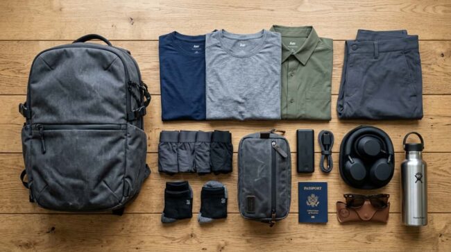 Ropa, documentos y accesorios preparados junto a una mochila para viajar solo con artículo personal