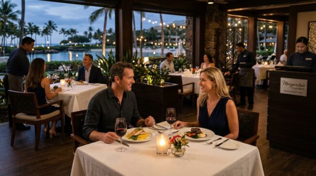 Pareja cena en un restaurante a la carta dentro de un resort all inclusive