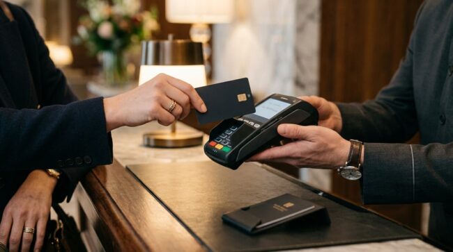 Huésped aproxima una tarjeta al terminal de pago de un hotel para dejar el depósito de garantía