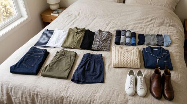 Cuánta ropa llevar para un viaje de 7 días Ropa y calzado organizados sobre una cama para preparar la maleta de un viaje de 7 días