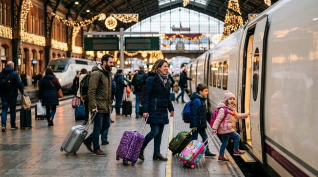 Familia con maletas sube a un tren en una estación decorada durante las vacaciones de invierno