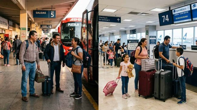 Viajeros con equipaje en una terminal de autobuses y una familia en un aeropuerto de México