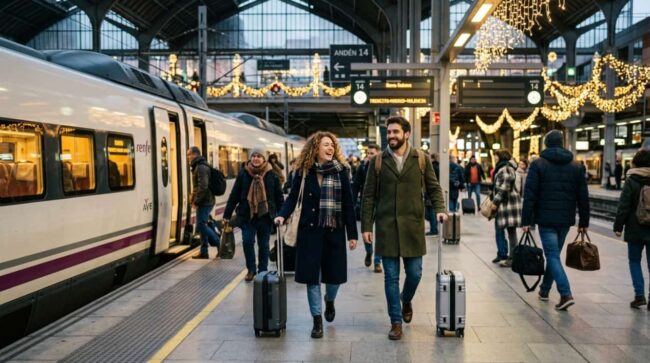 Pareja con maletas camina por una estación de tren en España junto a un tren de Renfe