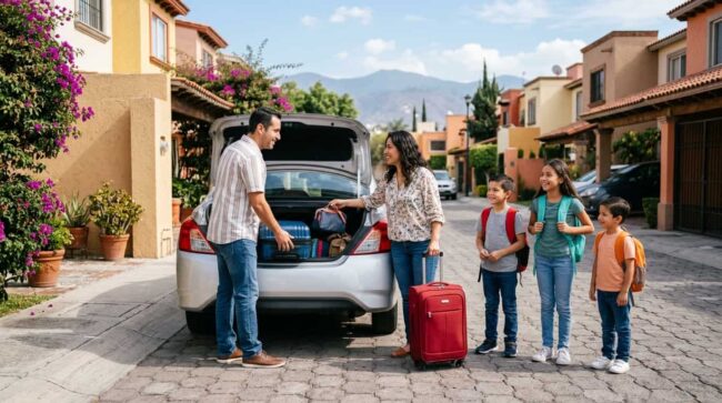 Familia prepara el equipaje en el auto para salir de viaje durante un puente en México