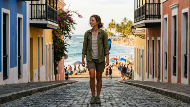 Viajera recorriendo una calle colorida de Puerto Rico con el mar y una playa al fondo
